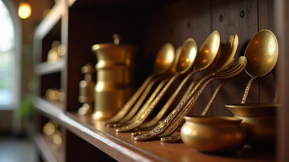 Eye-level view of a traditional brass utensil set displayed on a wooden shelf