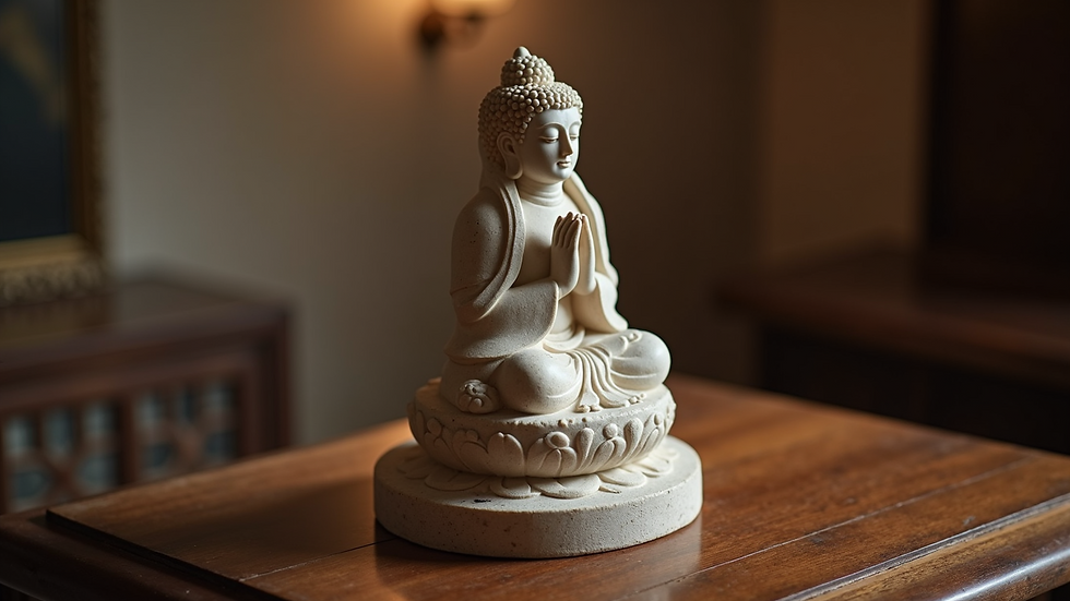 High angle view of a marble idol placed on a wooden altar with soft lighting