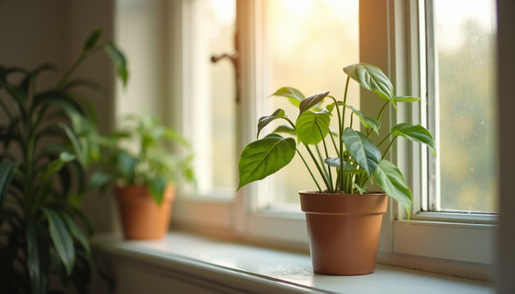 Close-up view of a small indoor plant on a windowsill with sunlight streaming in