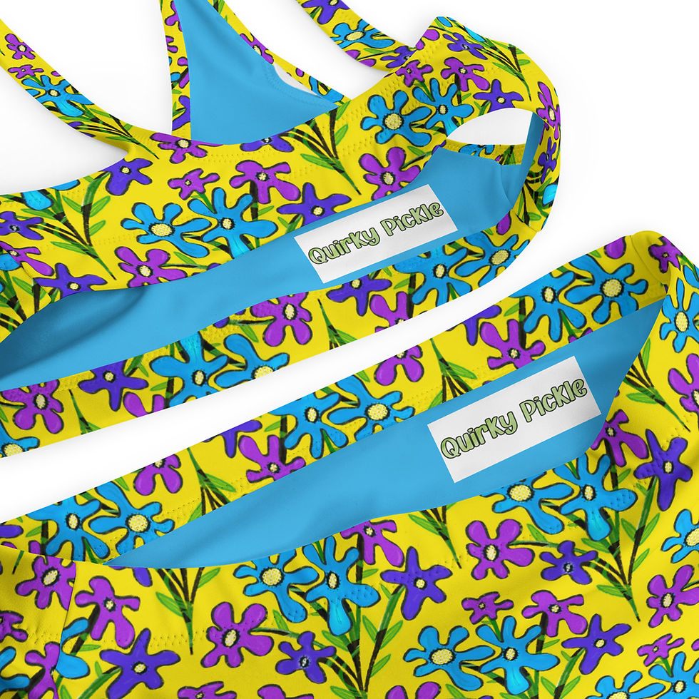Thumbnail: Quirky Pickle Boho Bouquet Blue and Purple on Yellow high-waisted bikini