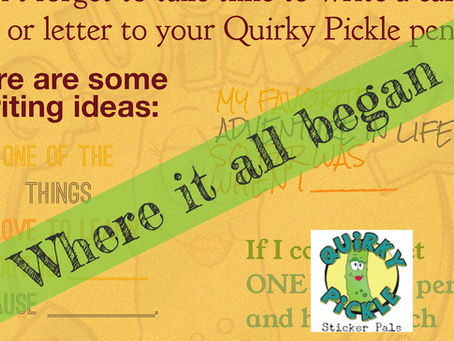 a postcard of prompts background with a faded yellow overlay, and a green ribbon banner diagonal across the front that says "where it all began" and the original Quirky Pickle Sticker Pals green and yellow logo in the bottom right area