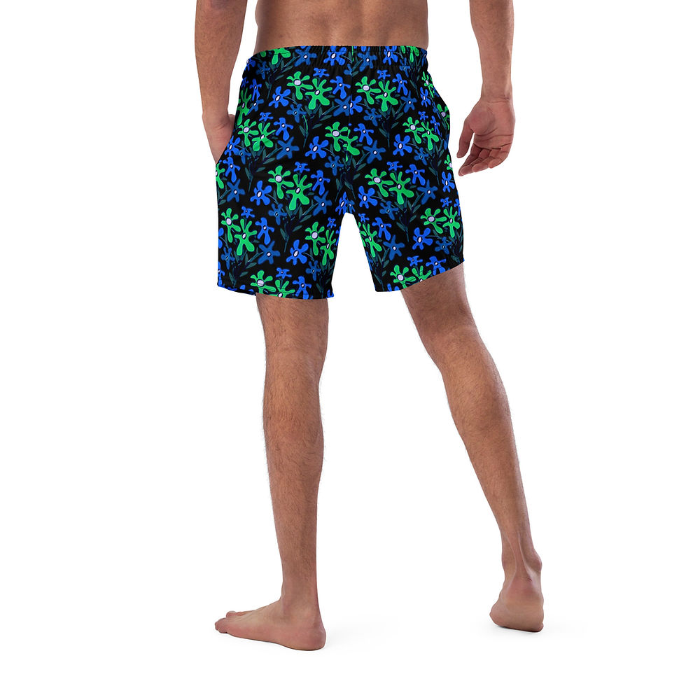Küçük resim: Boho Bouquet Greens and Blues on Black Swim Trunks