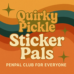 Text on vintage palette of warm sunset browns and teal blue says Quirky Pickle Sticker Pals