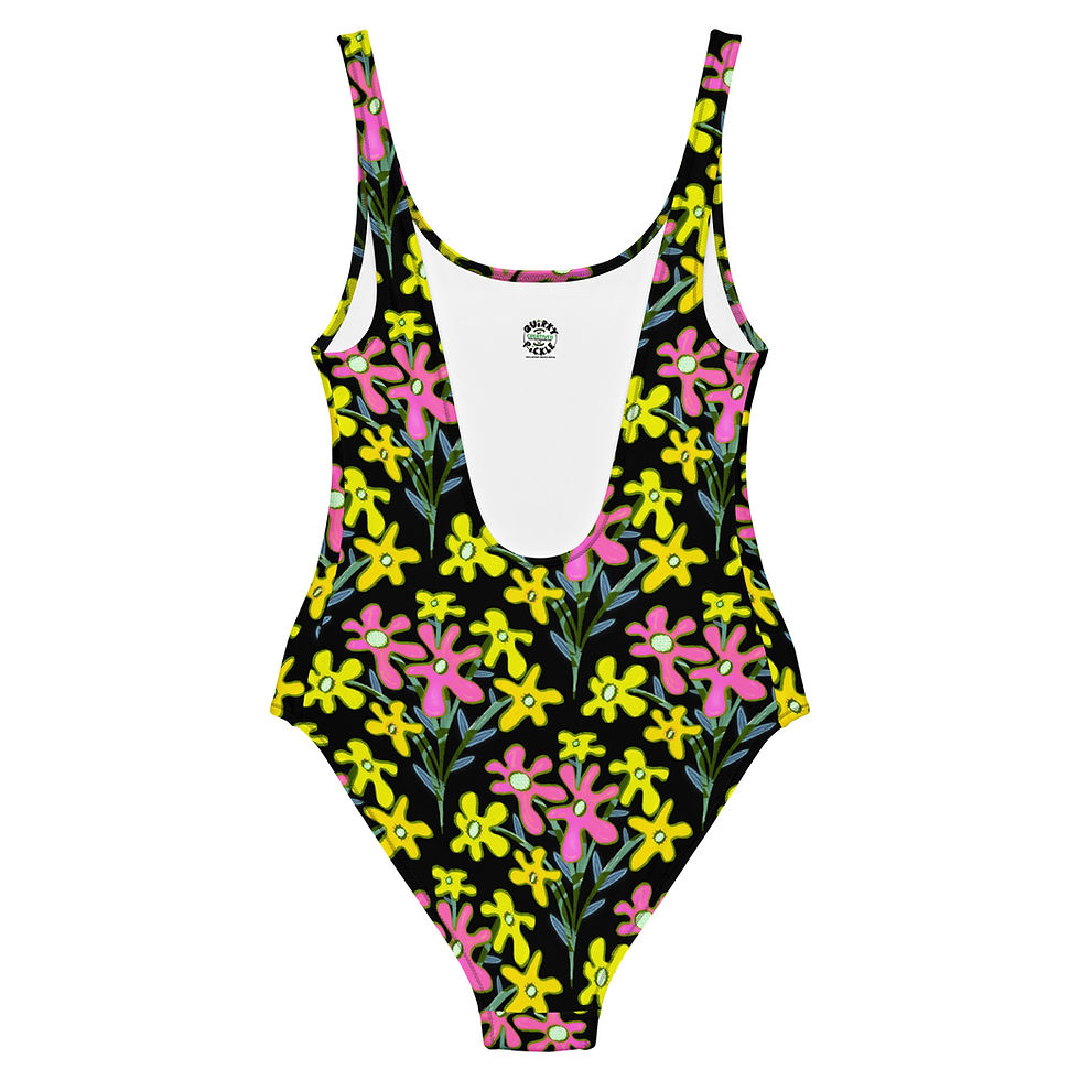 Miniatura: Quirky Pickle Boho Bouquet (pink and yellow on black) One-Piece Swimsuit