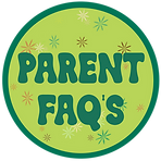 Parent FAQ's text in teal on lime green background with teal border