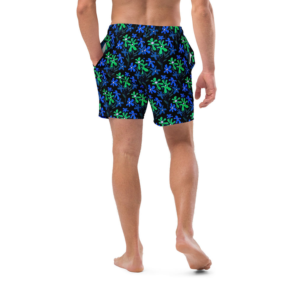 Miniatura: Boho Bouquet Greens and Blues on Black Swim Trunks
