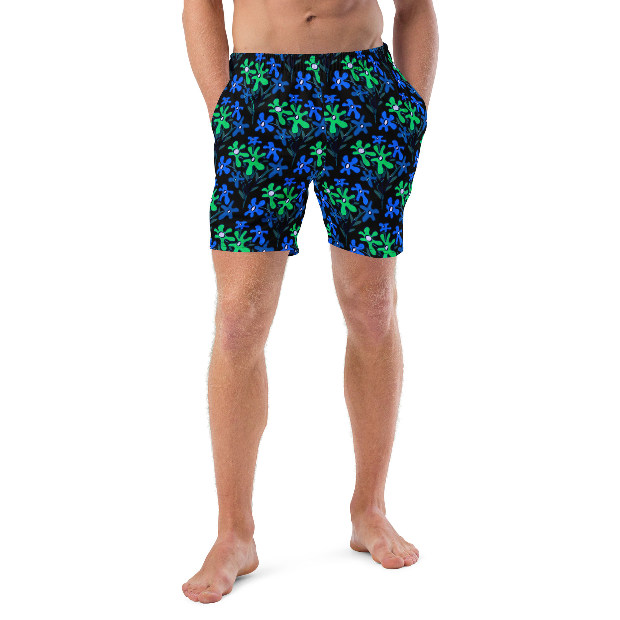 Boho Bouquet Greens and Blues on Black Swim Trunks