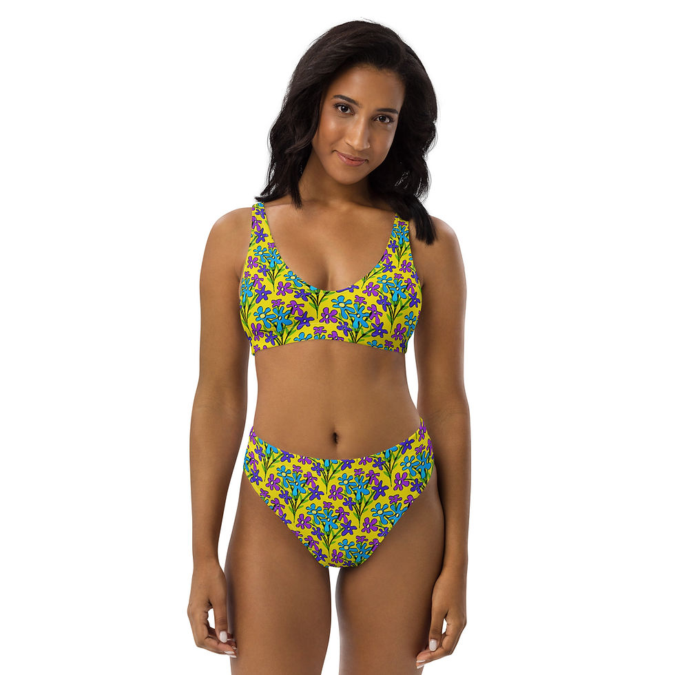 Miniatura: Quirky Pickle Boho Bouquet Blue and Purple on Yellow high-waisted bikini