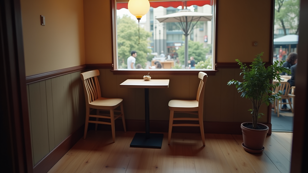Eye-level view of a cozy café setting with a small table and two chairs
