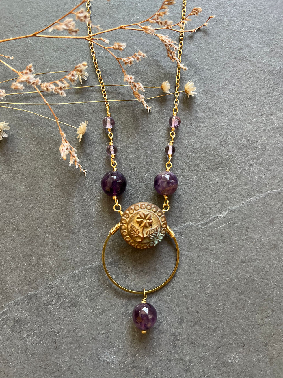 Thumbnail: Long Victorian Button Necklace with Amethyst