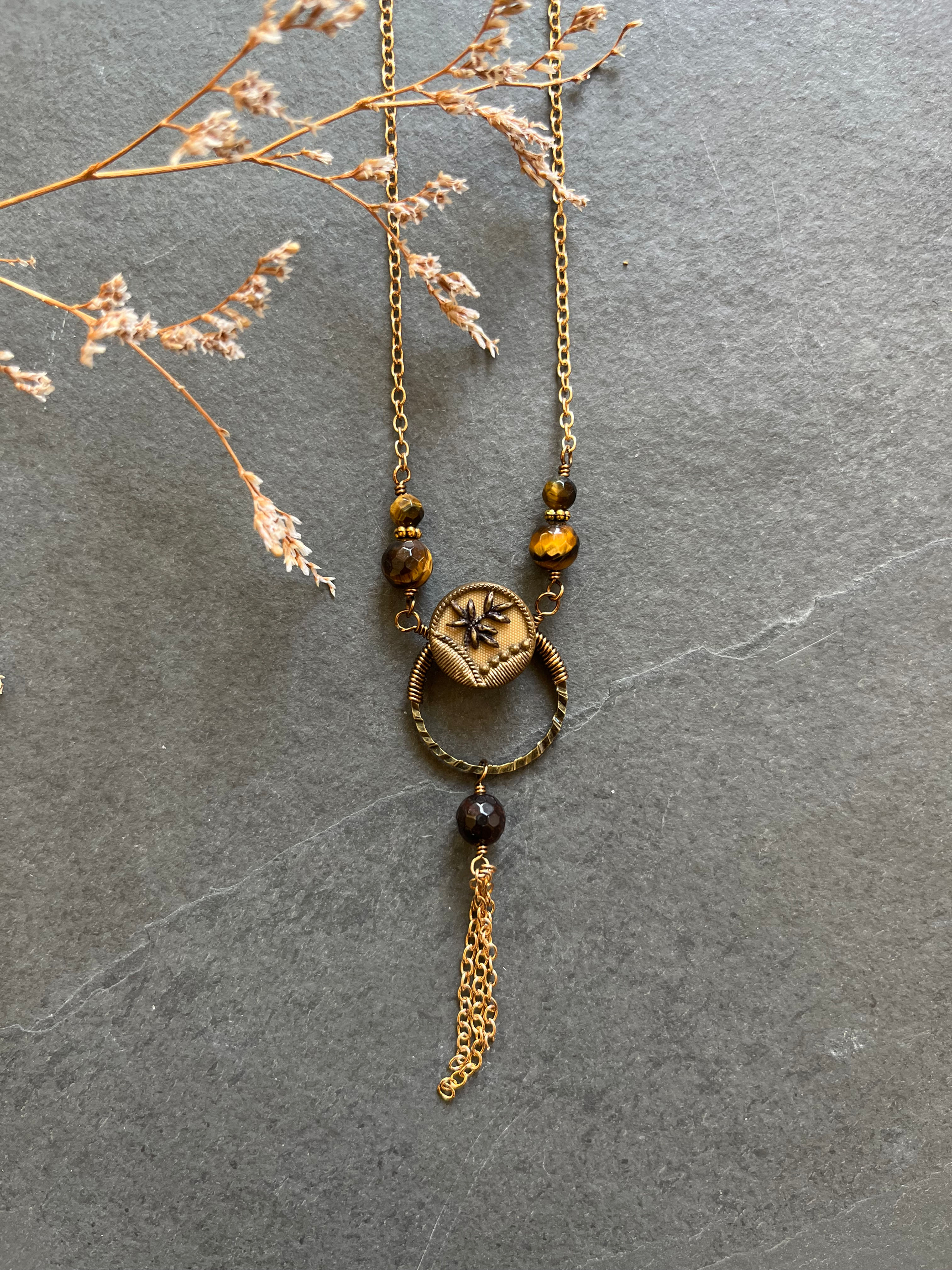 Small Victorian Button Necklace with Tiger Eye