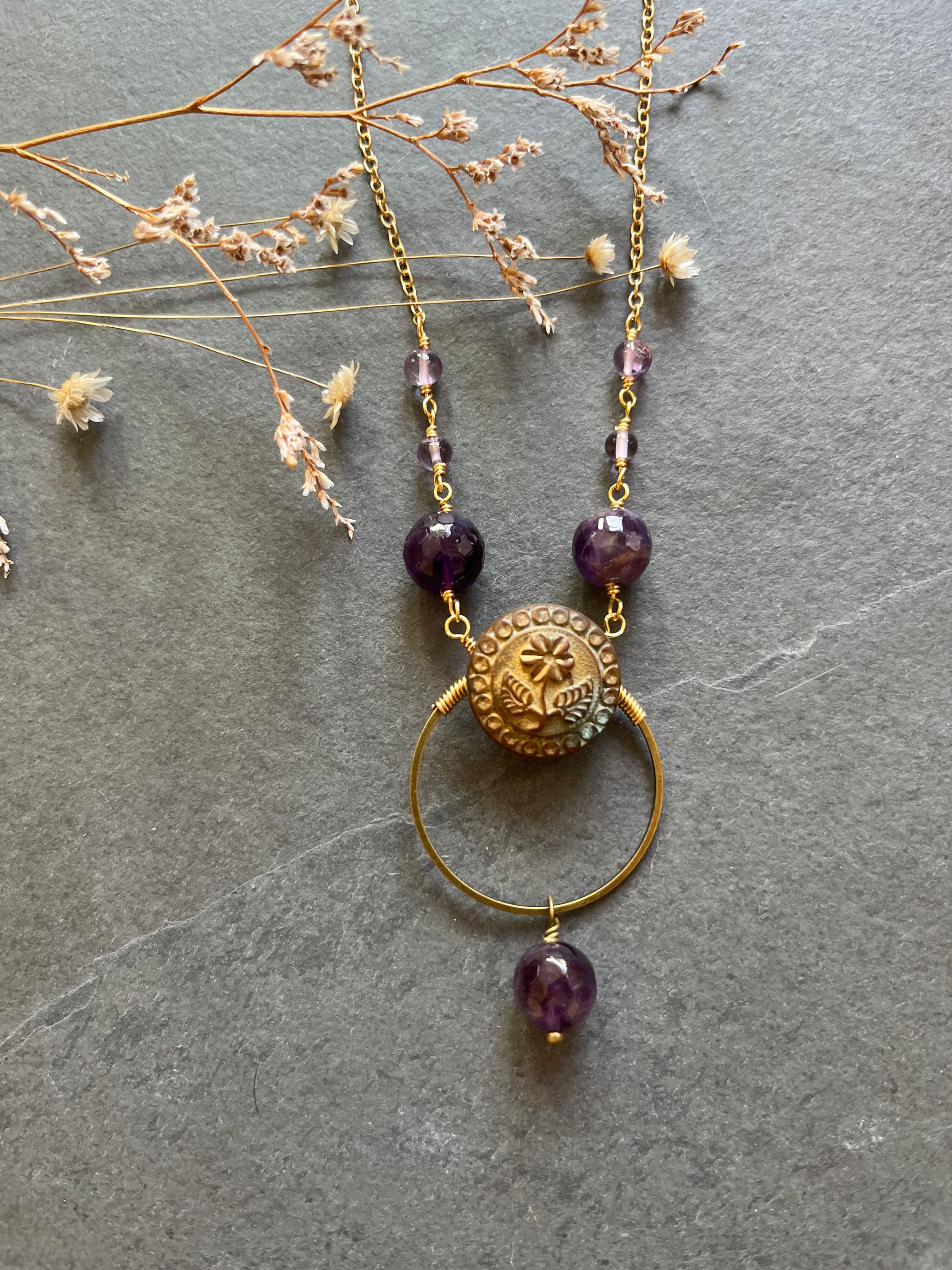 Long Victorian Button Necklace with Amethyst