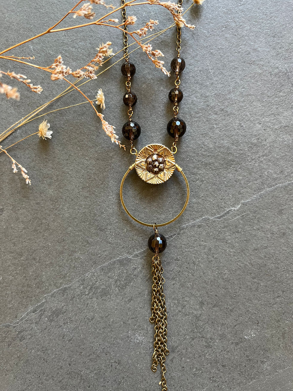 Thumbnail: Long Victorian Button Necklace with Smoky Quartz