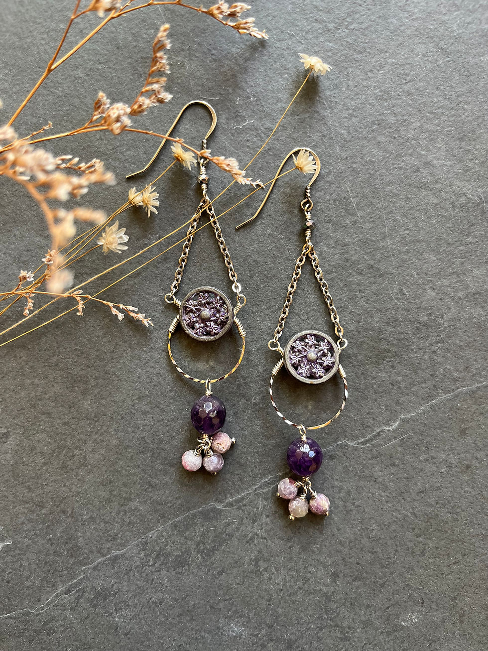 Thumbnail: Victorian Button Tassel Earrings with Amethyst