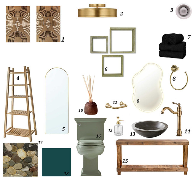 Bathroom design sample board with floor plan and fixtures.