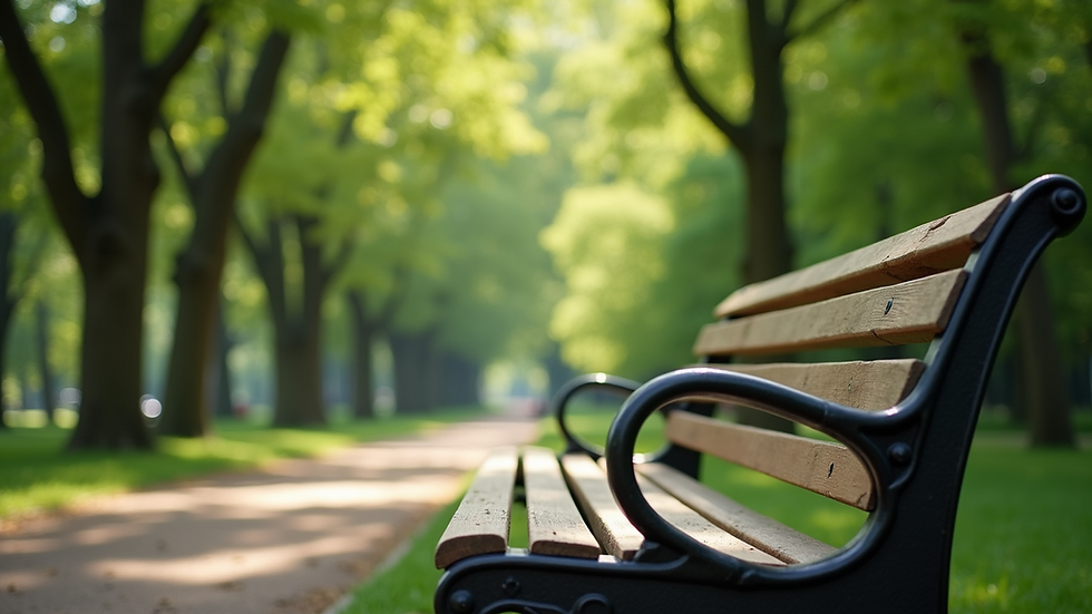 Eye-level view of a peaceful park bench surrounded by green trees