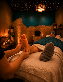 Relaxing wellness session with foot care in a warm private spa room with starlight ceiling at Sculpted Wellness Spa near Tupelo, MS.