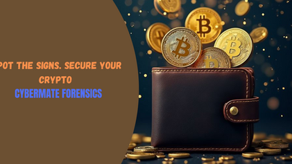 Digital illustration showing a crypto wallet with a Bitcoin coin and a red warning symbol, representing suspicious crypto wallet activity, alongside the title 'How to Identify Suspicious Crypto Wallet Activity Before It's Too Late' and branding for Cybermate Forensics.