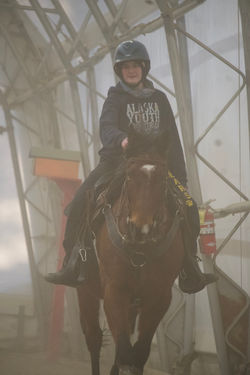 Circe on Bella at trick practice in the EATA equidome