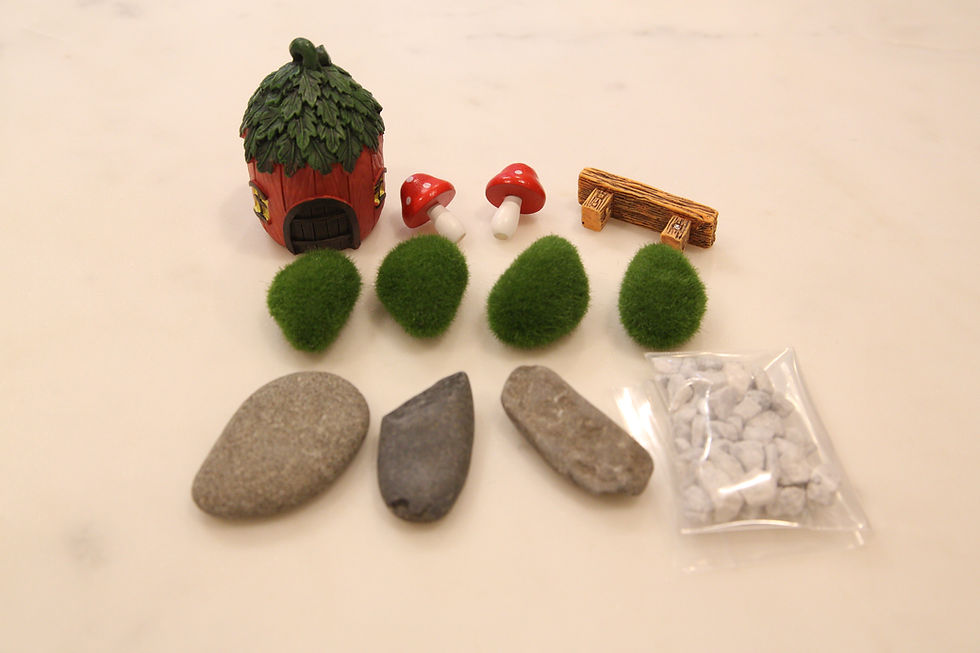 Miniature garden set with house, mushrooms, moss, rocks, and pebbles. 