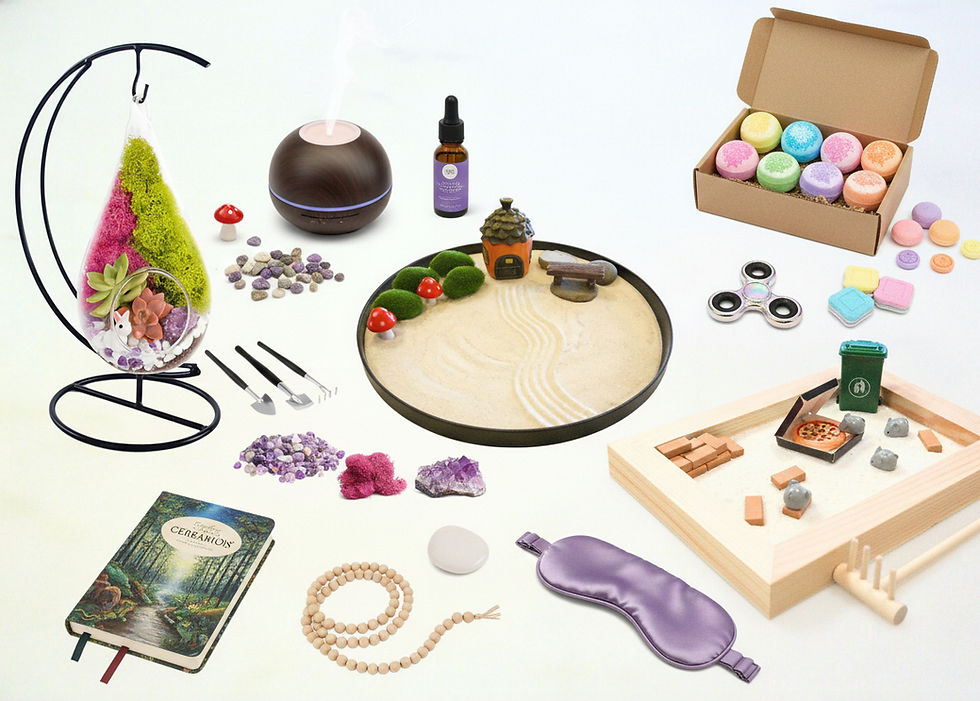 Assorted zen garden items: sand tray, stones, sifter, plants, diffuser, bath bombs, fidget spinner, and book on a white background.