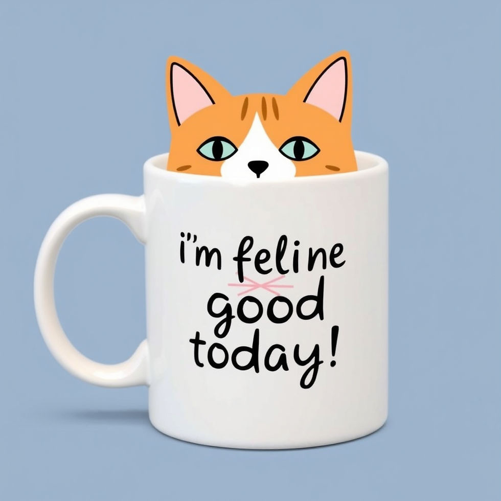 Cartoon cat peeks over a white mug with "I'm feline good today!" on it. Blue background, playful mood.