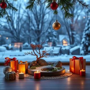 Gift wrapped presents and a mini zen garden on a table in front of a window, with a snowy background