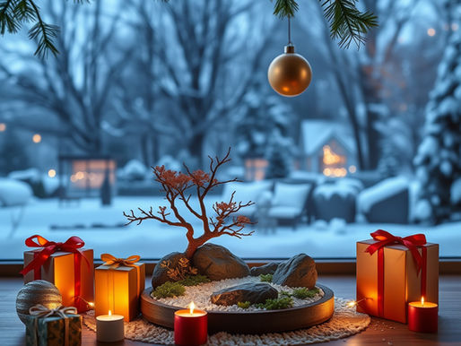 Gift wrapped presents and a mini zen garden on a table in front of a window, with a snowy background