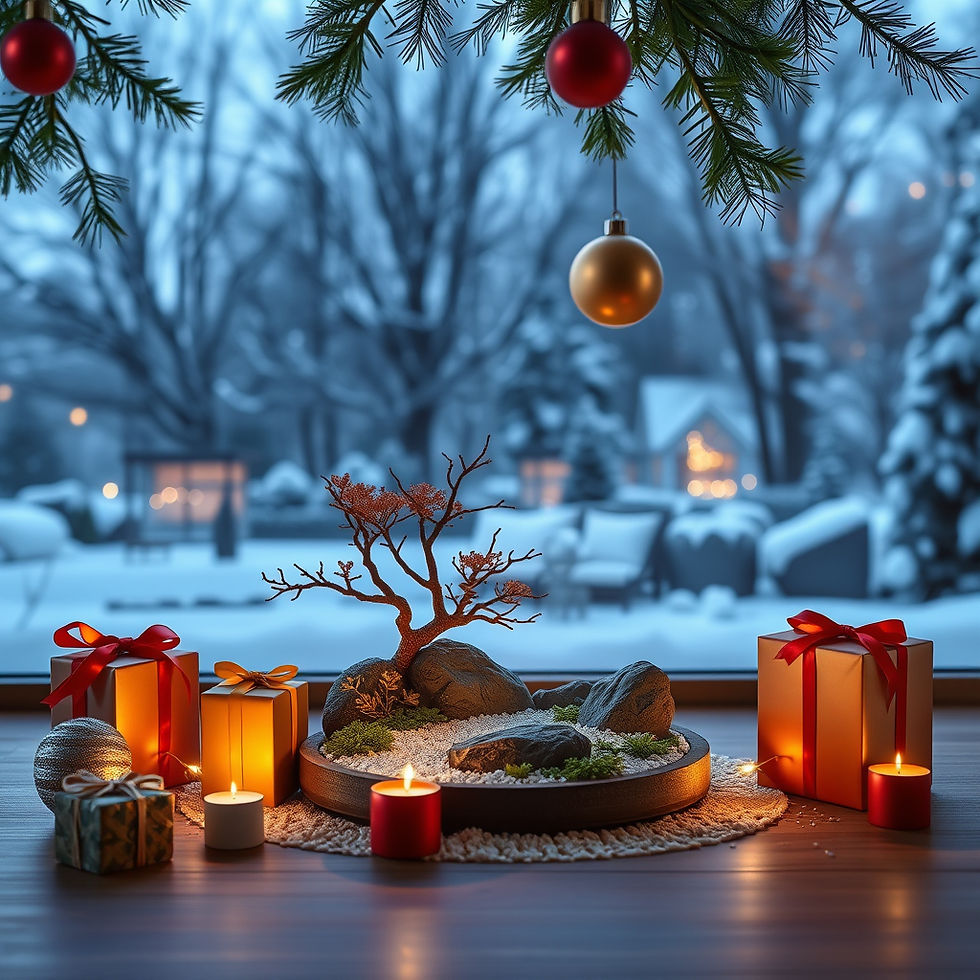 gift wrapper presents and a mini zen garden on a table in front of a window, with a snowy background