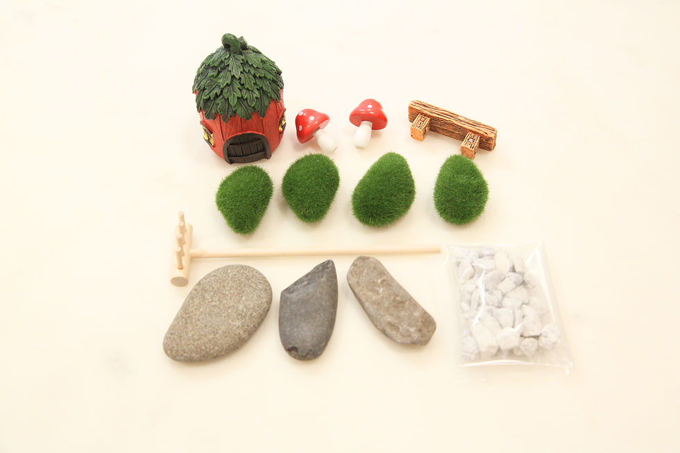 Thumbnail: Strawberry Cottage Miniature Figurine Set, tiny garden accessories on white background, decorative set.