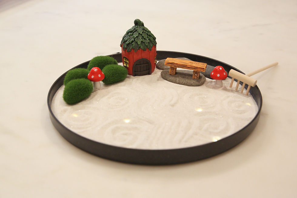 Thumbnail: Miniature zen garden with red house, mushrooms, and Strawberry Cottage Miniature Figurine Set.