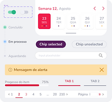 UI component with tabs, progress bar, and date picker from a multi-device design system.