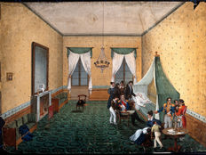 Watercolour painting depicting the death of Napoleon in a green-curtained camp bed with officers and civilians grouped about his lightly shrouded body. The room is decorated in a gold-coloured wallpaper with green sprigs, and a green carpet with roundels.