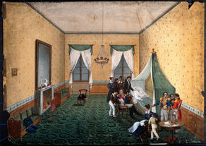 Watercolour painting depicting the death of Napoleon in a green-curtained camp bed with officers and civilians grouped about his lightly shrouded body. The room is decorated in a gold-coloured wallpaper with green sprigs, and a green carpet with roundels.