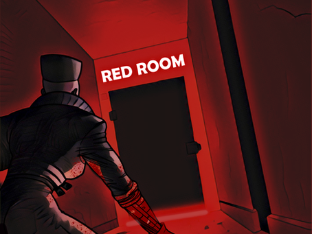 A cyborg woman named Vamp walks down a foreboding hallway bathed in red light, cast from the red, glowing sign that reads "Red Room"