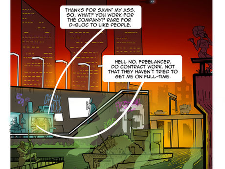 Sway and Riverhawk talk business at some foodcarts located on a stinking canal