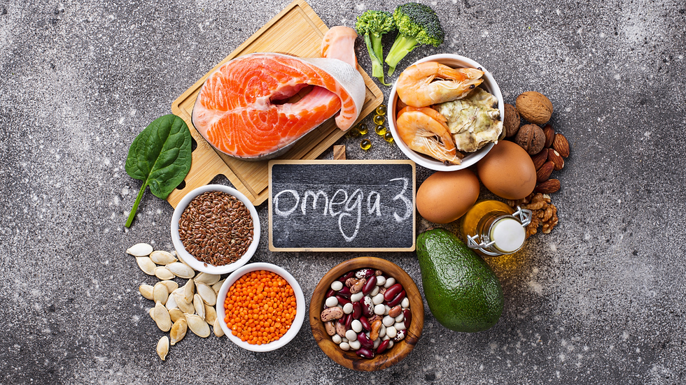 Omega 3 written on a board with healthy food and fish oil around