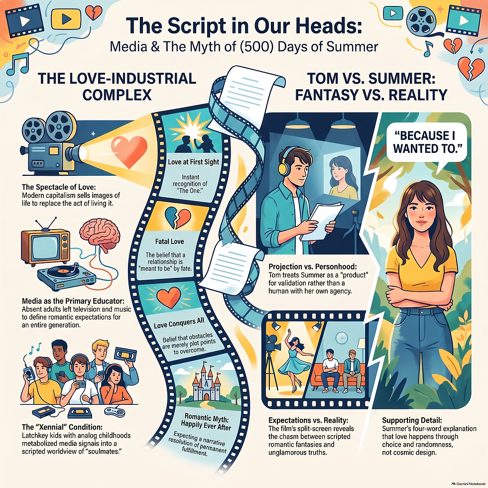 Infographic detailing the love industrial complex critique in the movie 500 Days of Summer starring Zooey Deschanel and Joseph Gordon-Levitt.
