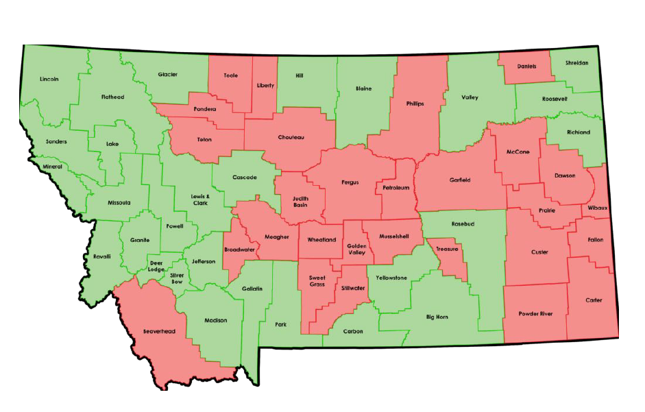 A Map showing the 28 green counties (50%) of Montana that approved the adult use and sale of cannabis on January 1, 2022. 28 red counties are also shown as the counties where the adult use and sale of cannabis will remain illegal.