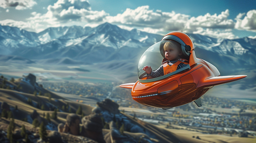 An AI generated image of a Baby inside a self flying Car Seat with wings as it flies over Missoula Montana in the year 2075. The car seat looks like a baby sized futuristic airplane with a glass bubble and helmet over the baby.