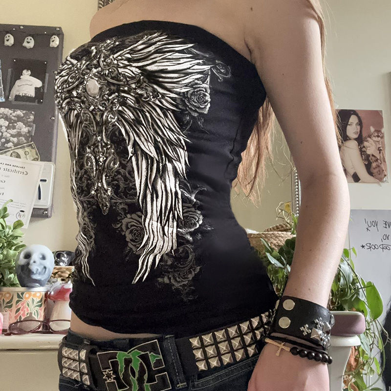 Thumbnail: Gothic Print Black Strapless Tube Top Women Skinny Cropped Summer Casual