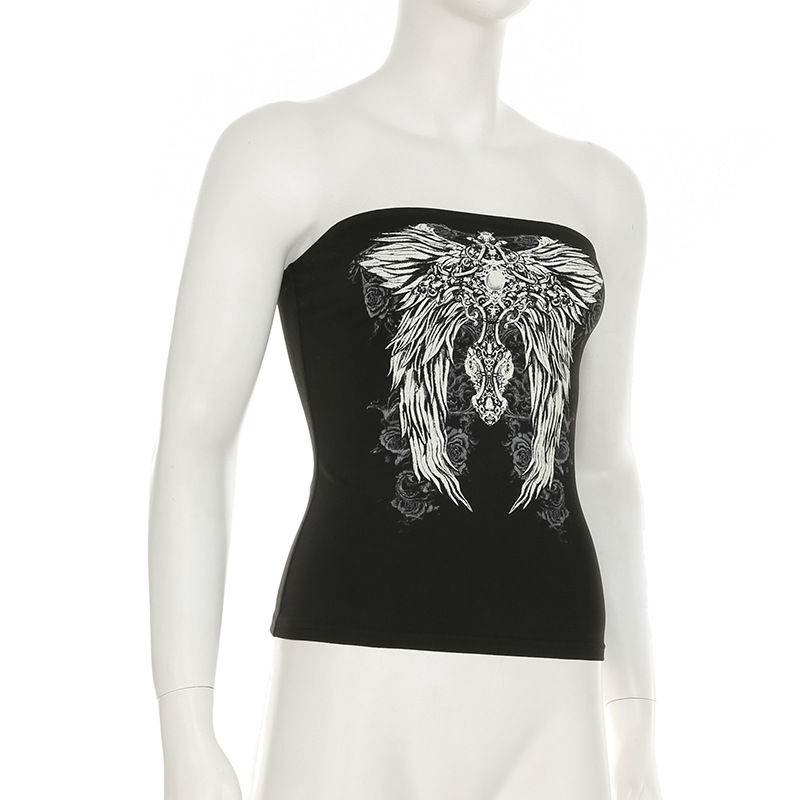 Thumbnail: Gothic Print Black Strapless Tube Top Women Skinny Cropped Summer Casual