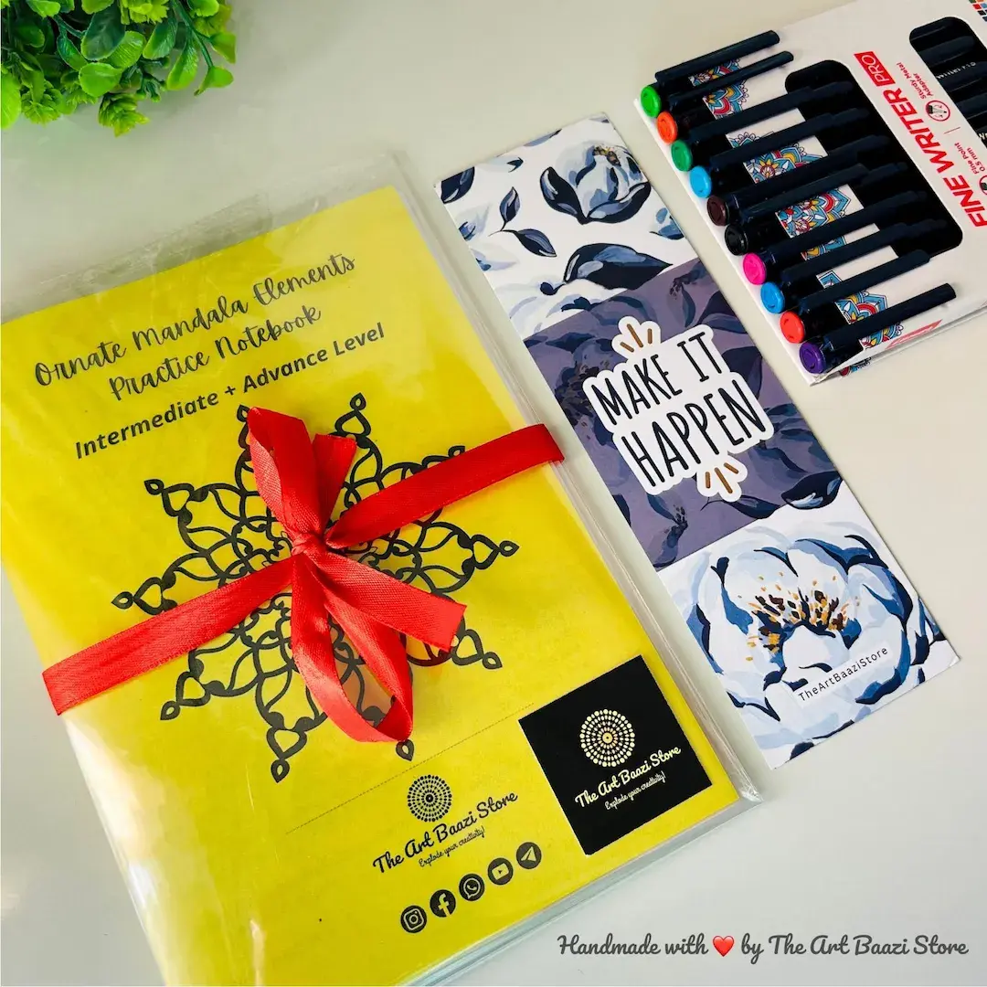 Ornate Mandala Elements Practice Notebook with fineliner pens kit