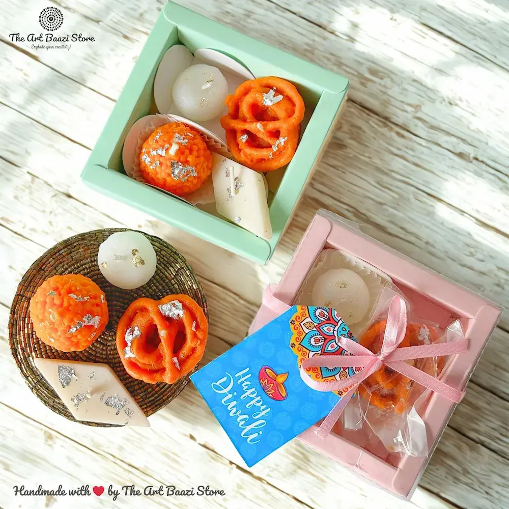 Mithai Candle Set of 4 – ladoo, jalebi, peda, and kaju katli handmade Diwali candles in festive gift boxes by The Art Baazi