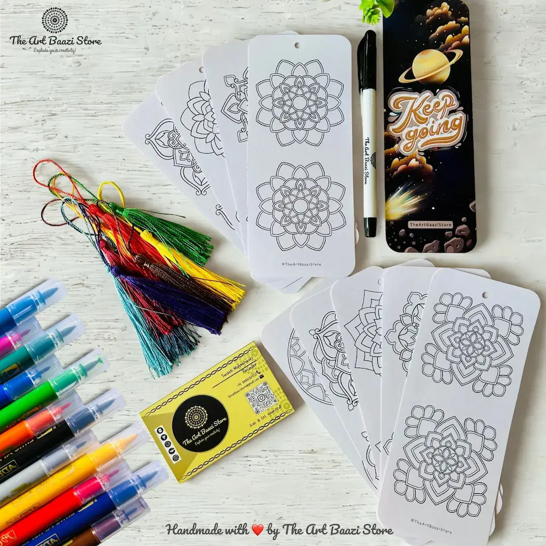DIY Mandala Bookmark Kit with 9 coloring bookmarks, tassels, brush pens – The Art Baazi Store
