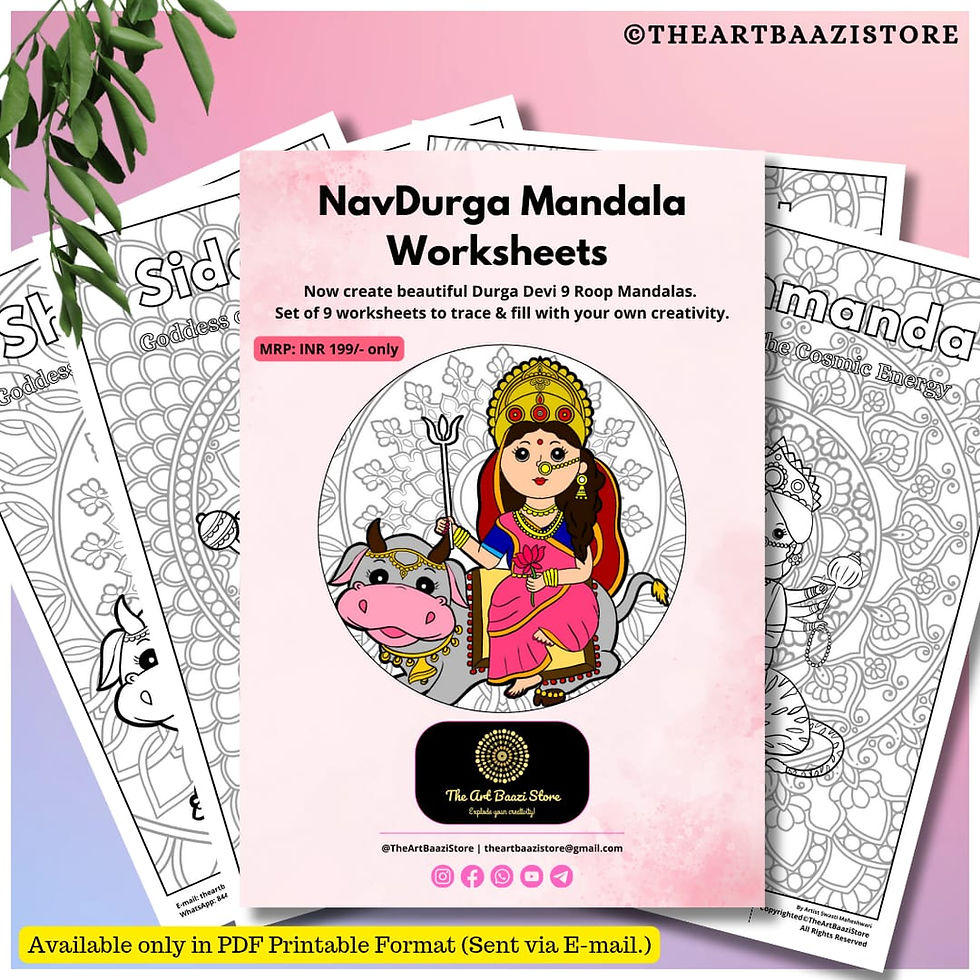 NavDurga Mandala Worksheets Set – 9 printable coloring pages featuring the nine forms of Goddess Durga with intricate mandala