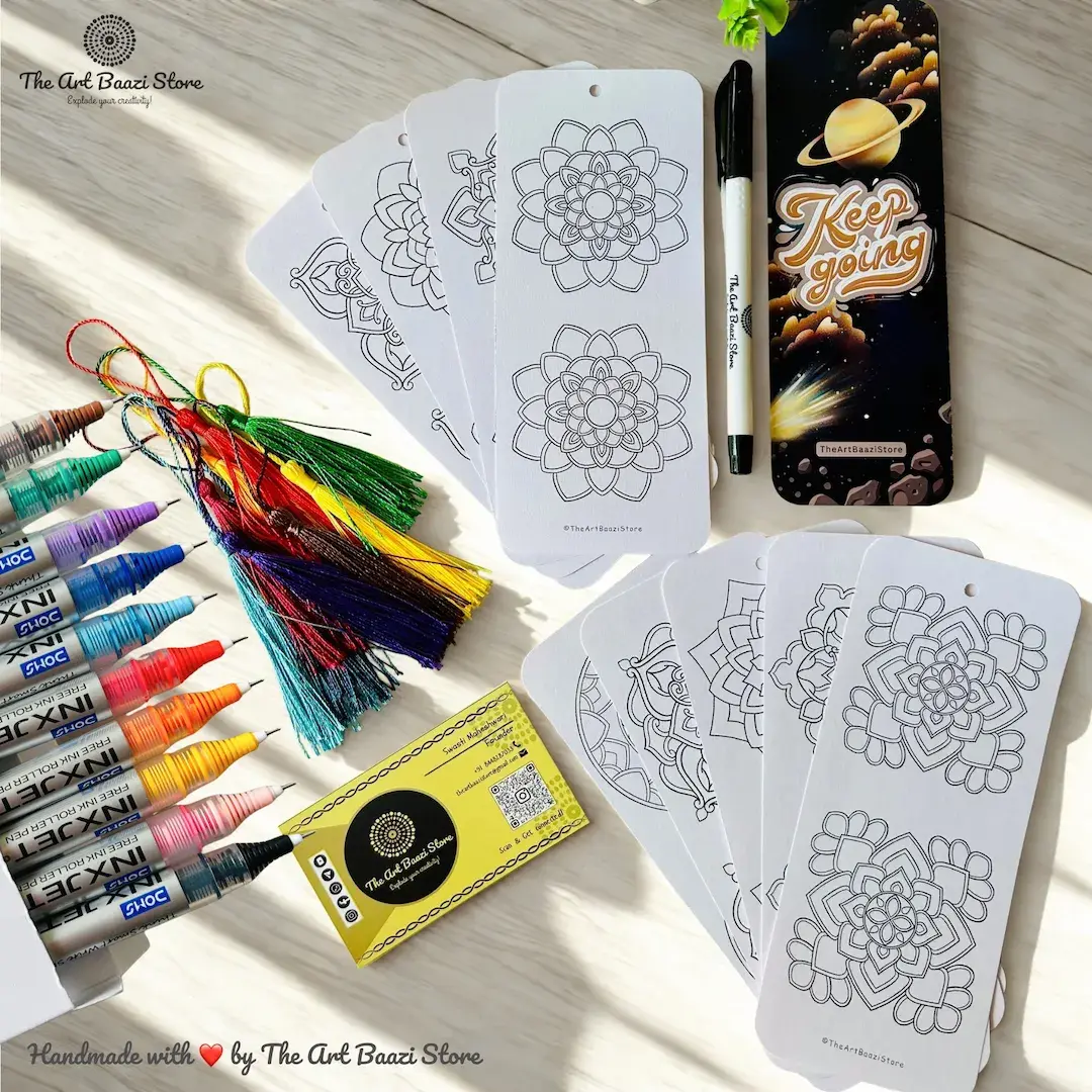 DIY Mandala Bookmark Kit with 9 coloring bookmarks, tassels, DOMS Roller Pen Set – The Art Baazi Store