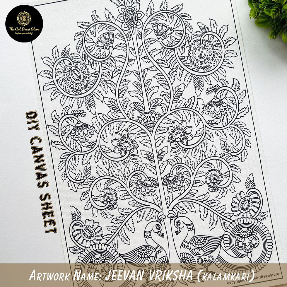 Jeevan Vriksha Kalamkari DIY Canvas Sheet featuring the Tree of Life with peacocks on premium textured canvas.