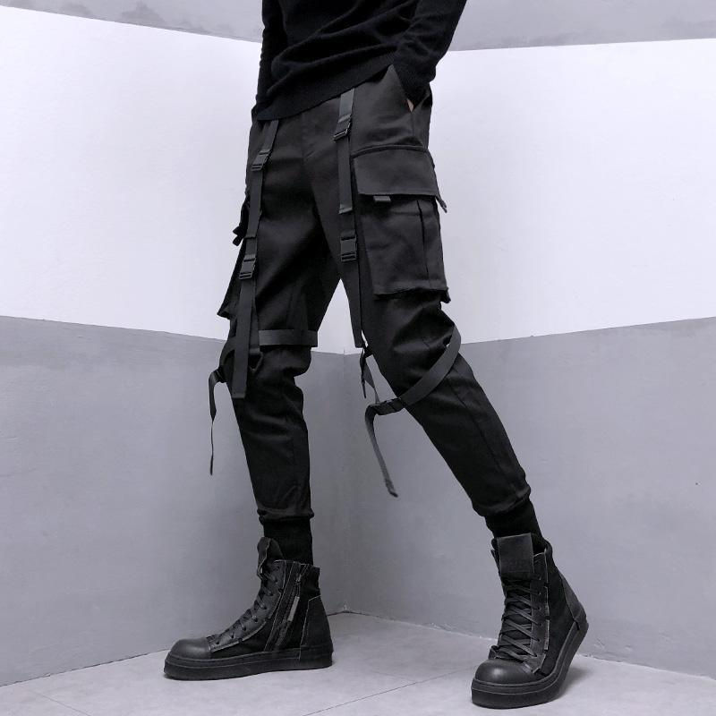 Miniatura: 2024 Spring Men Black Cargo Pants Men Ribbon Pocket Trousers Male Japanese Stree