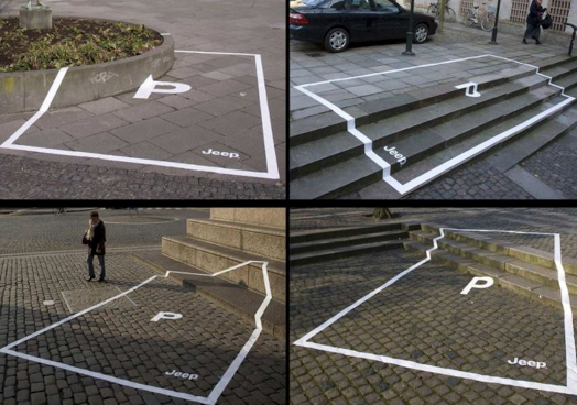 Jeep demonstrates the features of its vehicle by painting parking signs in odd places; it’s hard to not notice something like that!
